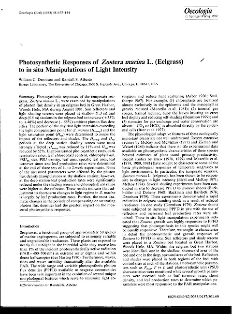 Photosynthetic Responses of Zostera marina L (Eelgrass) to Insitu Manipulations of Light-Intensity (Page 1)